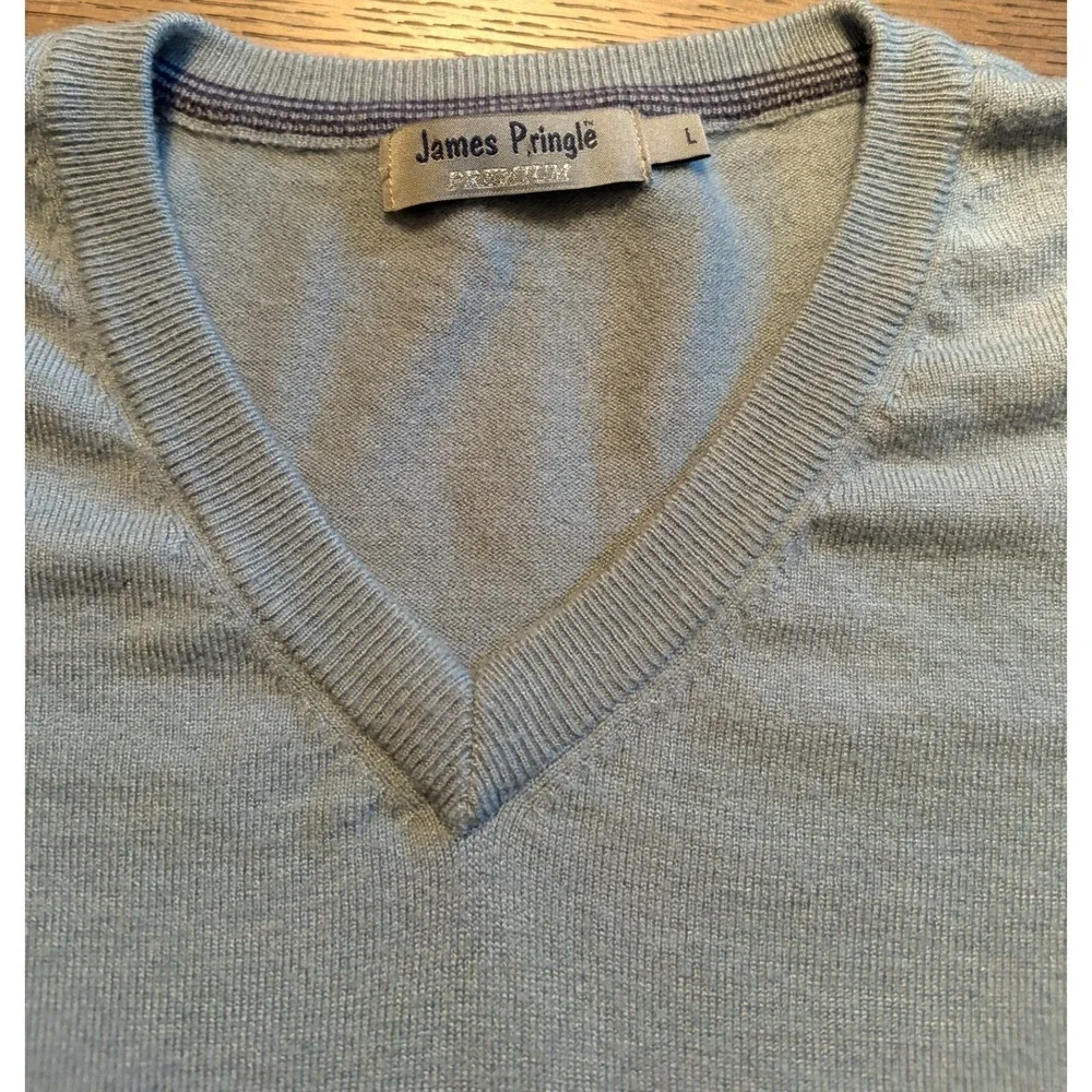 James Pringle Premium Mens V-Neck Sweater Light Blue/Grey Fine Knit Size Large